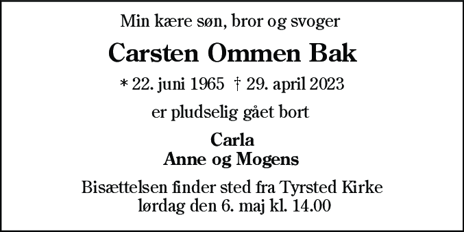 Dødsannonce for Carsten Ommen Bak
