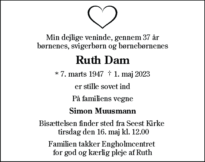 Dødsannonce for Ruth Dam