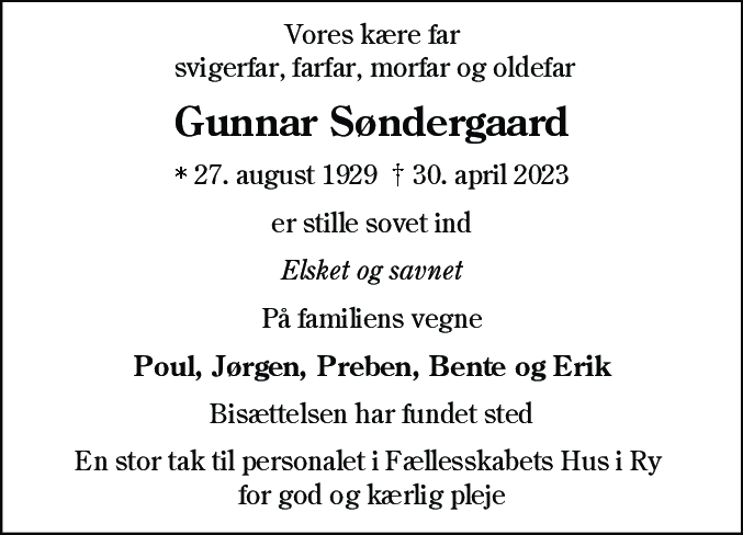 Dødsannonce for Gunnar Søndergaard