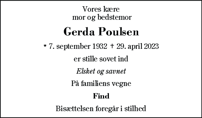Dødsannonce for Gerda Poulsen