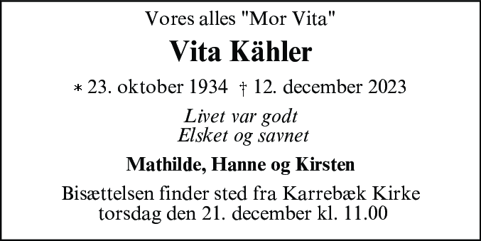 Dødsannonce for Vita Irene Kähler