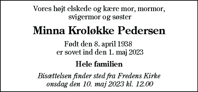 Dødsannonce for Minna Kroløkke Pedersen