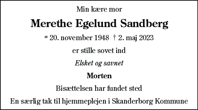 Dødsannonce for Merethe Egelund Sandberg
