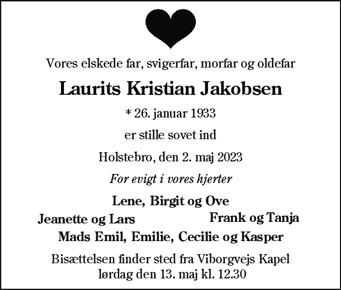 Dødsannonce for Laurits Kristian Jakobsen