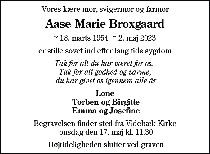 Dødsannonce for Aase Marie Broxgaard