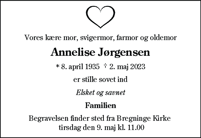 Dødsannonce for Annelise Jørgensen