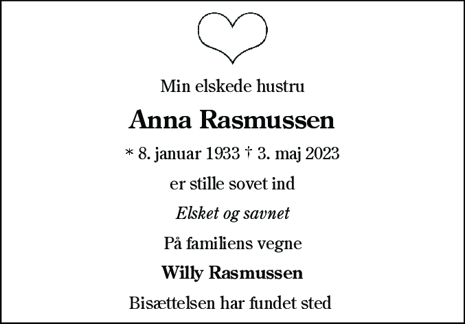 Dødsannonce for Anna Rasmussen