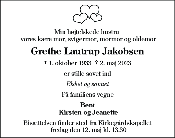 Dødsannonce for Grethe Lautrup Jakobsen