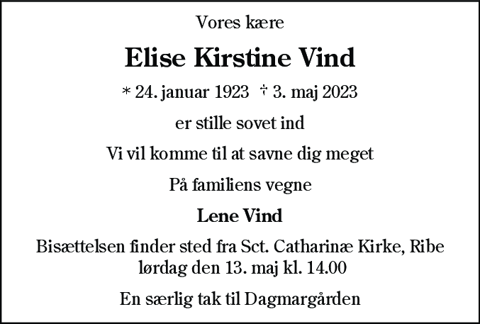 Dødsannonce for Elise Kirstine Vind