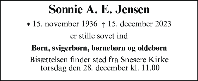 Dødsannonce for Sonnie Alma Emilie Jensen