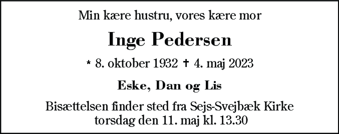 Dødsannonce for Inge Pedersen