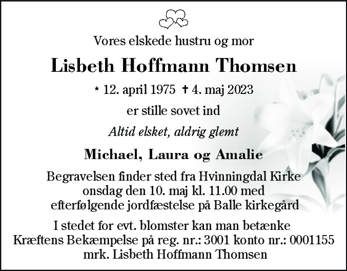 Dødsannonce for Lisbeth Hoffmann Thomsen