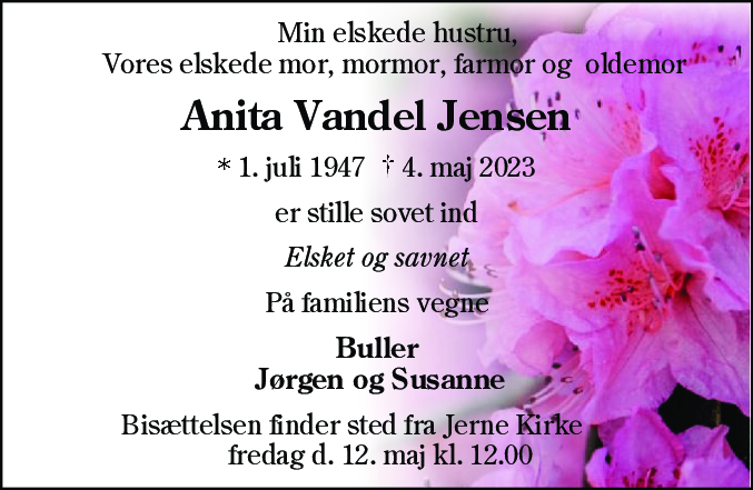 Dødsannonce for Anita Vandel Jensen