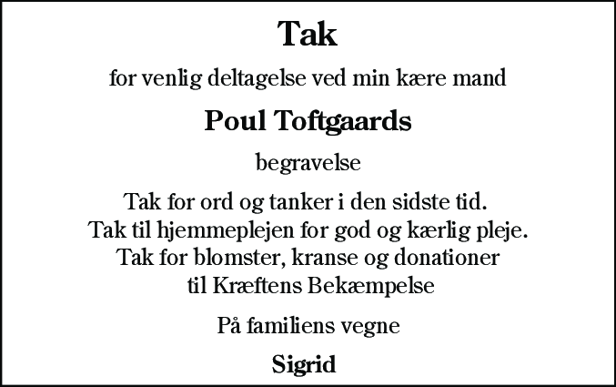 Dødsannonce for Poul Toftgaard