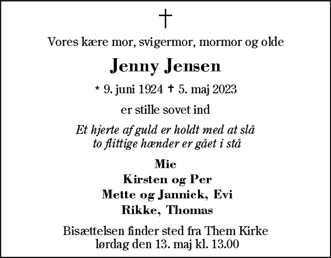 Dødsannonce for Jenny Kristense Jensen