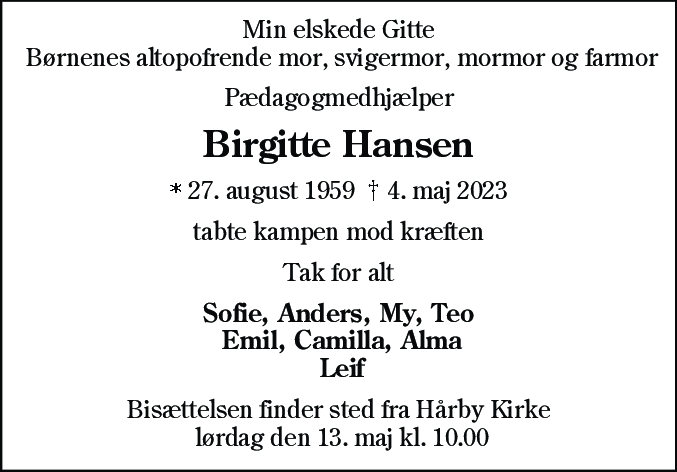 Dødsannonce for Birgitte Hansen