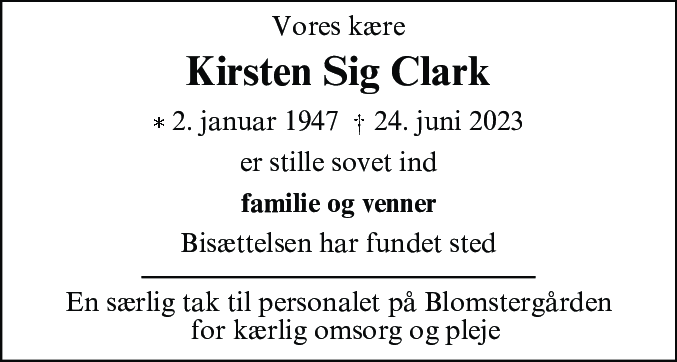 Dødsannonce for Kirsten Sig Clark