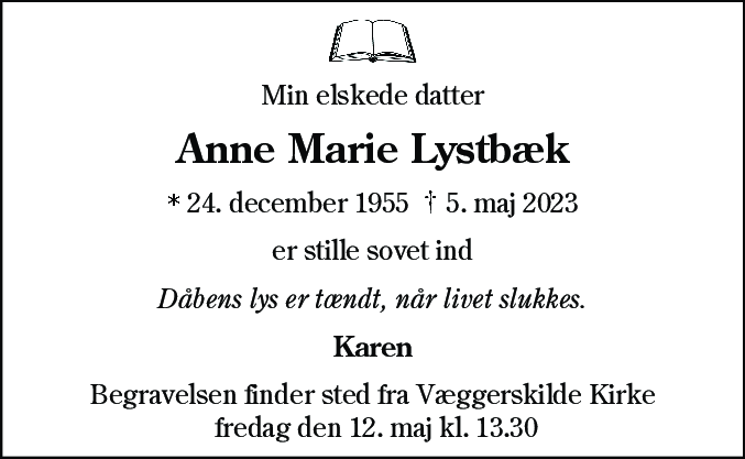 Dødsannonce for Anne Marie Lystbæk