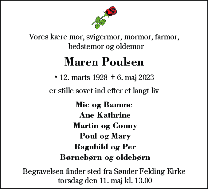 Dødsannonce for Maren Poulsen