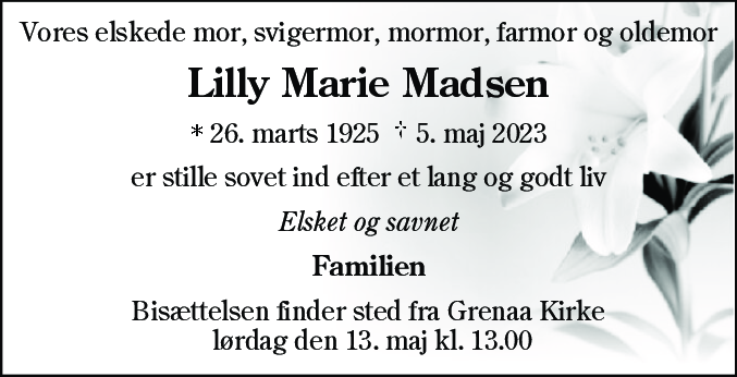 Dødsannonce for Lilly Marie Madsen
