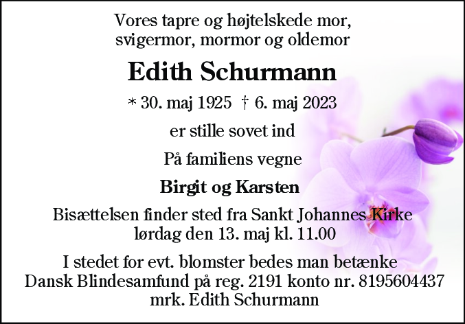 Dødsannonce for Edith Margrethe Schurmann