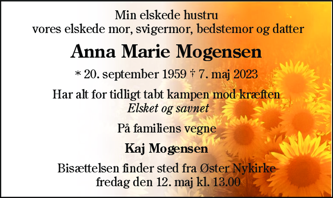 Dødsannonce for Anna Marie Mogensen
