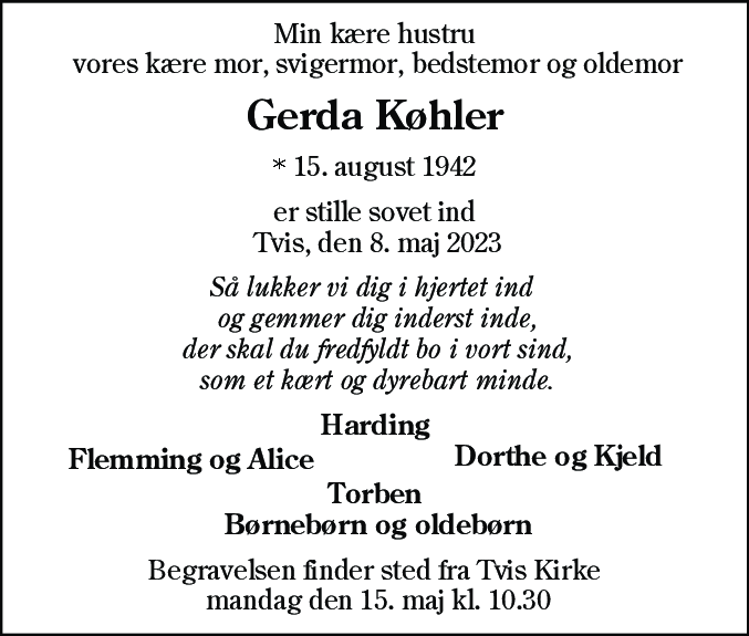 Dødsannonce for Gerda Køhler