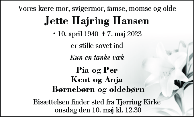 Dødsannonce for Jette Hajring Hansen