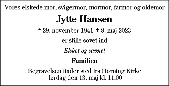 Dødsannonce for Jytte Hansen