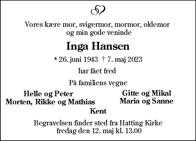 Dødsannonce for Inga Hansen