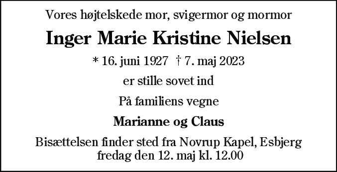 Dødsannonce for Inger Marie Kristine Nielsen