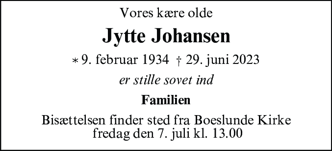 Dødsannonce for Anne Grethe Jytte Johansen