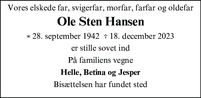 Dødsannonce for Ole Sten Hansen