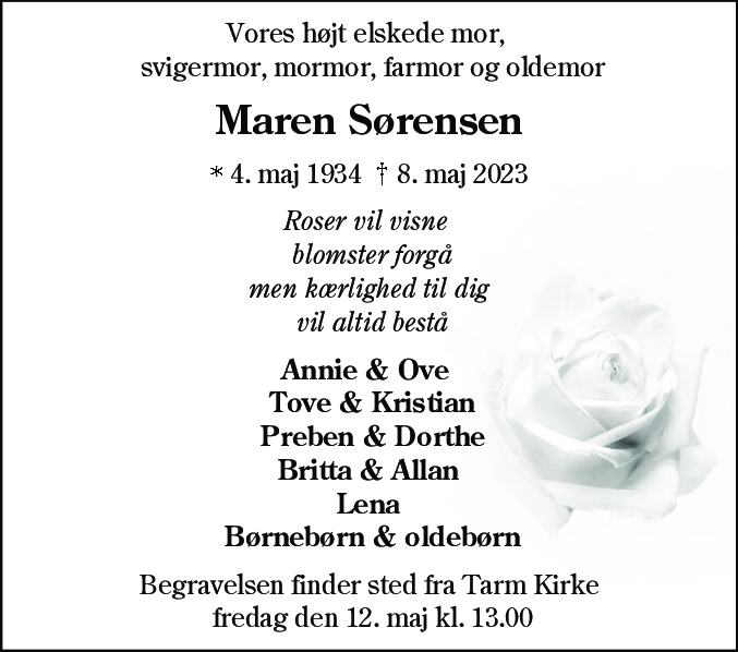 Dødsannonce for Maren Sørensen
