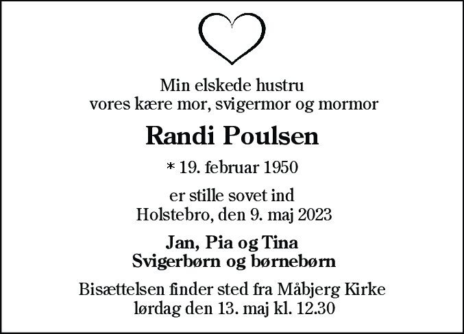 Dødsannonce for Randi Sonja Poulsen