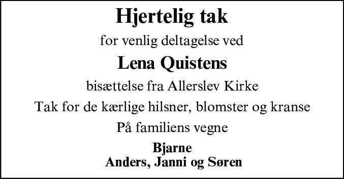 Dødsannonce for Lena Quisten