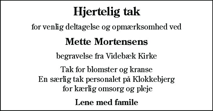 Dødsannonce for Mette Mortensen
