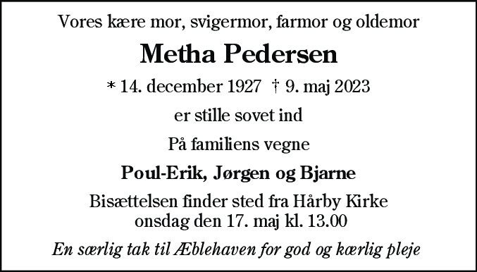Dødsannonce for Metha Pedersen
