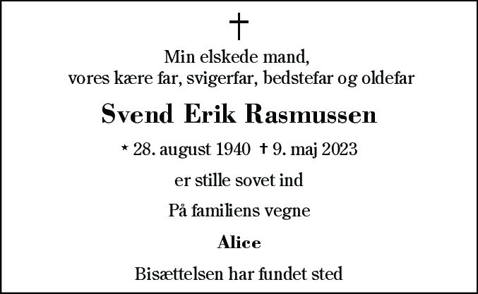Dødsannonce for Svend Erik Rasmussen
