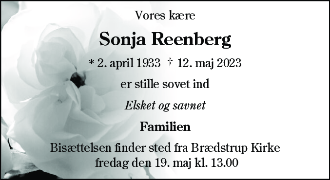 Dødsannonce for Sonja Reenberg