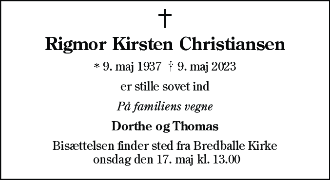 Dødsannonce for Rigmor Kirsten Christiansen