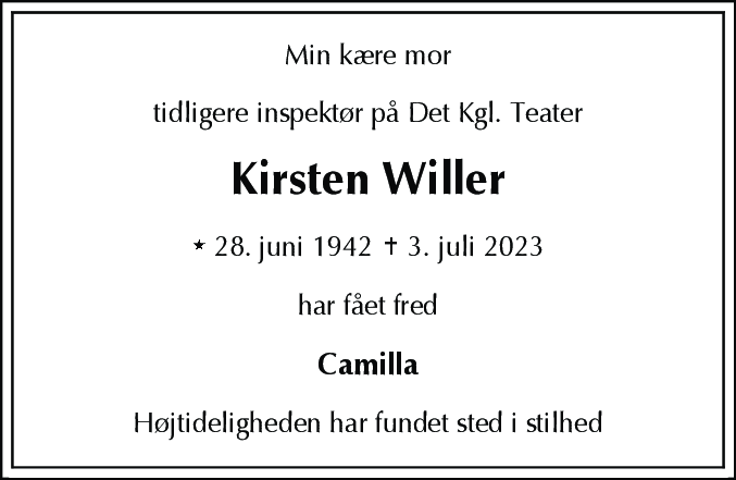 Dødsannonce for Kirsten Willer