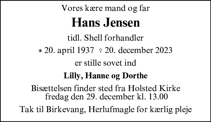 Dødsannonce for Hans Heinrich Jensen