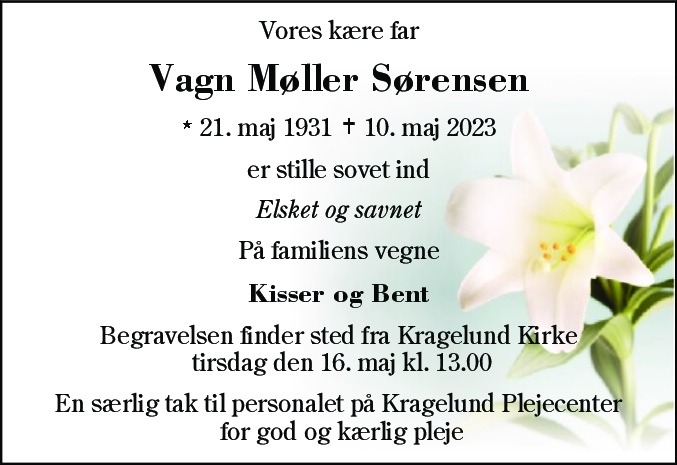 Dødsannonce for Vagn Møller Sørensen