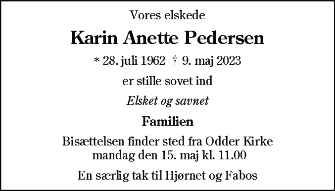 Dødsannonce for Karin Anette Pedersen
