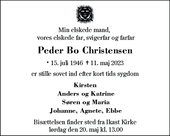 Dødsannonce for Peder Bo Christensen