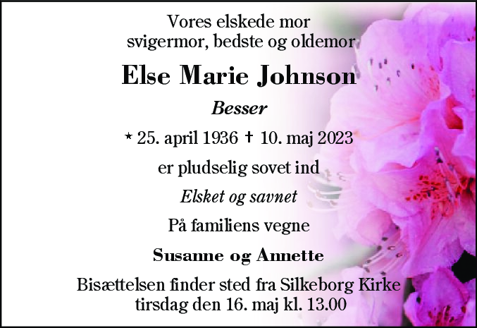 Dødsannonce for Else Marie Johnson