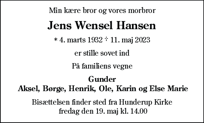 Dødsannonce for Jens Wensel Hansen