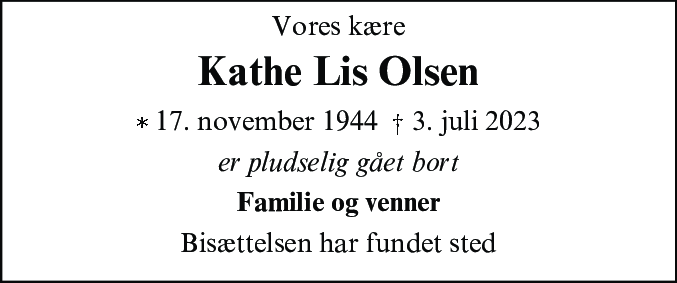 Dødsannonce for Kathe Lis Olsen