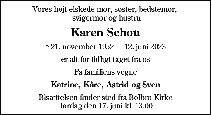Dødsannonce for Karen Schou